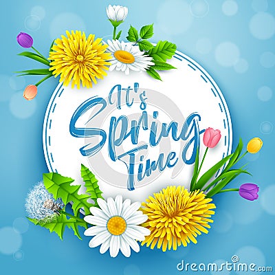 It`s spring time banner with round frame and flowers on blue sky background Vector Illustration