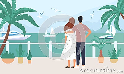 2205 S ST Couple people on terrace of tropical on sea quay Vector Illustration