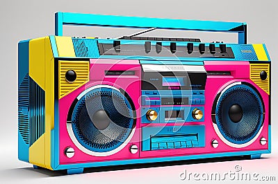1980s Style Boombox with Vibrant Hues of Neon Pink, Electric Blue, and Sunburst Yellow - Cassette Deck Stock Photo