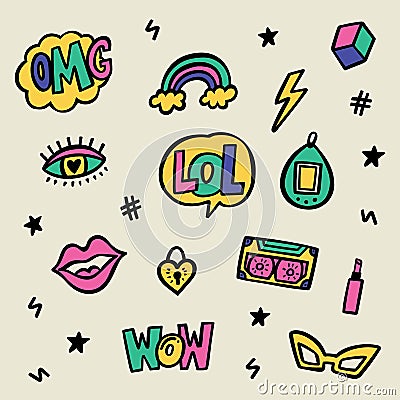 90`s style doodle sticker set Vector Illustration