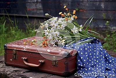 a 1950s-style polka-dot dress lying on a vintage suitcase, next to wildflowers Stock Photo