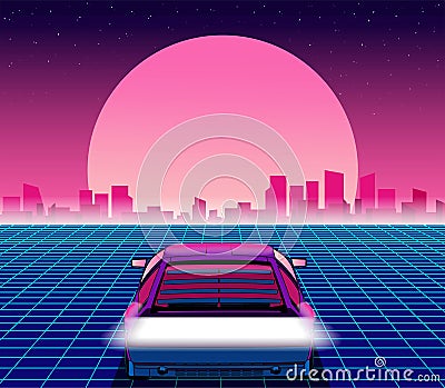 80s style sci-fi background with supercar Vector Illustration