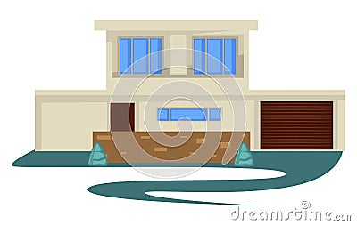 1950s style vintage building or house with garage and driveway Vector Illustration