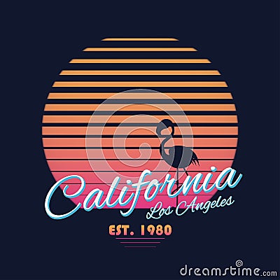 80s style vintage California typography. Retro t-shirt graphics with tropical paradise scene and flamingo silhouette Vector Illustration