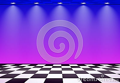 80s styled vapor wave room with blue and purple wall over checked floor Vector Illustration