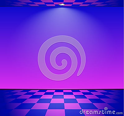 80s styled vapor wave room with blue and purple wall over checked floor Vector Illustration