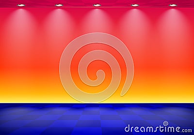 80s styled vapor wave room with blue and red wall over checked floor Vector Illustration