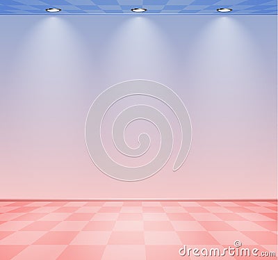 80s styled vapor wave room with pink and blue wall over checked floor Vector Illustration