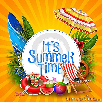 It`s summer time banner design with white circle for text and beach elements Vector Illustration