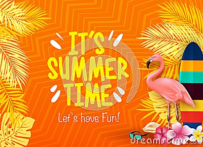 It`s Summer Time Let`s Have Fun with Flamingo, Surfboard, Flowers, Palm Leaves in Orange Background Vector Illustration