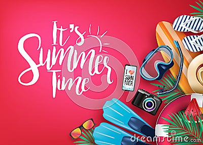 It`s Summer Time Realistic Vector Banner in Red Background and Tropical Elements Vector Illustration