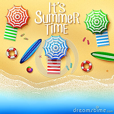 It`s summer time. Top view of stuff on the beach - umbrellas, towels, surfboards, ball, lifebuoy, slipper and starfish on a sunny Vector Illustration