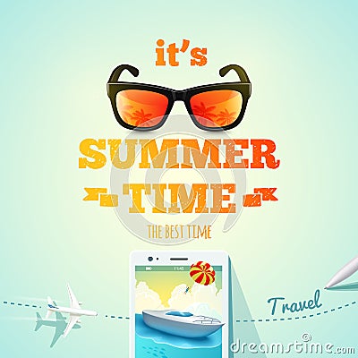 It's summer time typographic inscription on summer objects background. Summer poster. Vector illustration Vector Illustration