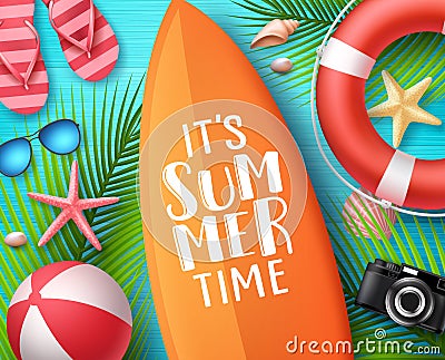 It`s summer time vector design concept. Summer text in surfboard with beach elements Vector Illustration