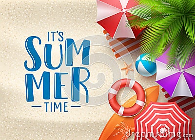 It`s summer time vector seascape background. Summer time text with beach umbrella, palm tree Vector Illustration