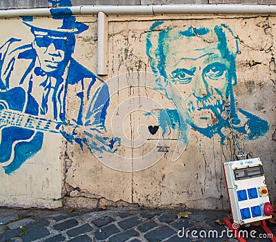 Sète, France - 10 28 2023 : street art on a low wall representing the singer-songwriter Georges Brassens Editorial Stock Photo