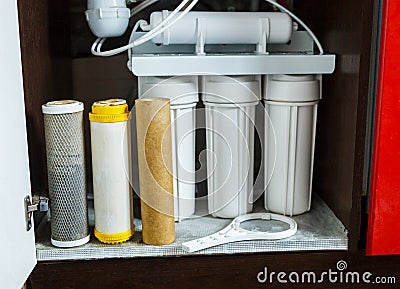 It`s time to change water filters at home. Replace filters in water purifying system. Close up view of three used filters Stock Photo