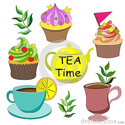 It's time to drink tea. Delicious colorful cupcakes with buttercream, cup of tea, coffee with yellow kettle. Vector Illustration