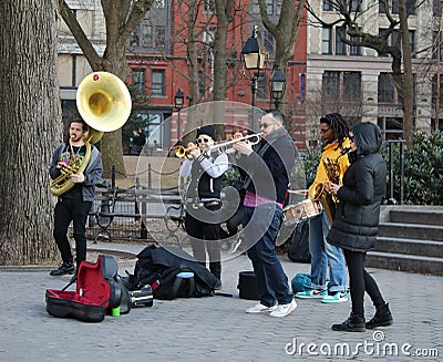 A SA band performs in Washington Square Park, New York CIty Editorial Stock Photo