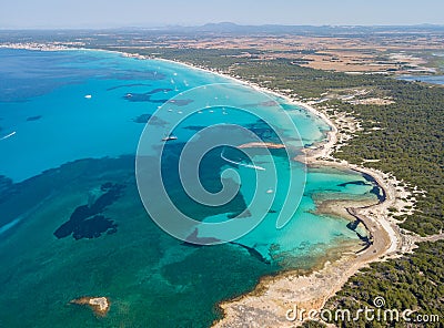 Sa Rapita, Mallorca Spain. Amazing drone aerial landscape of the charming Es Rapita and Es trenc beaches and turquoise sea Stock Photo