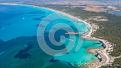 Sa Rapita, Mallorca Spain. Amazing drone aerial landscape of the charming Es Rapita and Es trenc beaches and turquoise sea Stock Photo