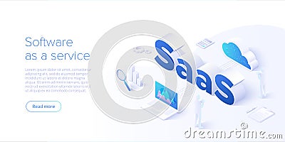 Saas isometric vector illustration. Software as service or on-demand concept background design. Cloud computing segment metaphor. Vector Illustration