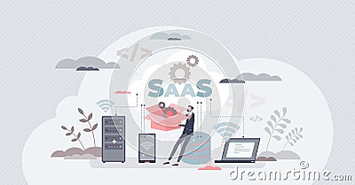 SAAS like software as service or on-demand for business tiny person concept Vector Illustration