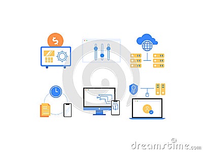 SaaS, PaaS, IaaS and other cloud computing services advantages flat icons: Saving Money, Easy Customization Vector Illustration