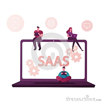 Saas, Software as a Service. Cloud Software on Computers, Mobile Devices, Codes. App Server and Database Vector Illustration