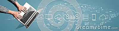 SaaS - software as a service concept with person using laptop Editorial Stock Photo