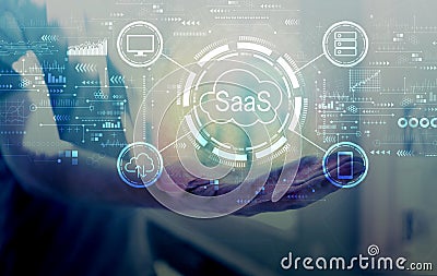 SaaS - software as a service concept with young man Stock Photo