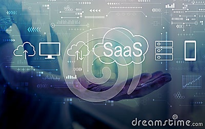 SaaS - software as a service concept with young man Stock Photo