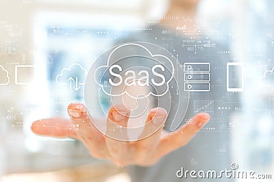 SaaS - software as a service concept with young man Stock Photo