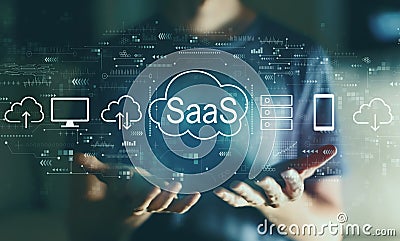 SaaS - software as a service concept with young man Stock Photo