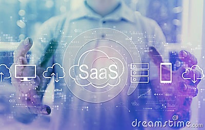 SaaS - software as a service concept with young man Stock Photo