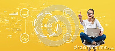 SaaS - software as a service concept with young woman Stock Photo