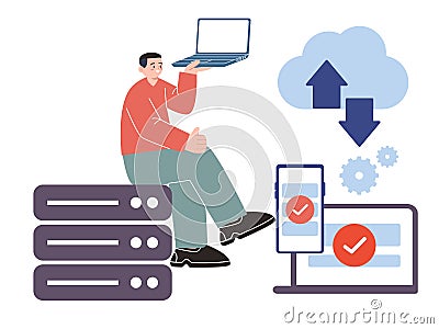 SaaS software as a service engineer sysadmin sync data to the cloud application server Vector Illustration