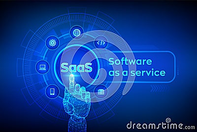 SaaS. Software as a service. Internet and technology concept on virtual screen. Development Concept. SAAS Computing IOT Industry. Cartoon Illustration