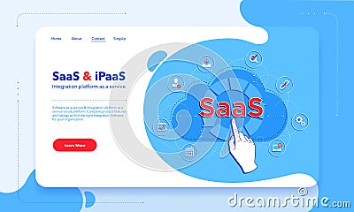 SaaS - software as a service - and iPaaS - integration platform as a service first screen template. Client using SaaS. Vector Illustration