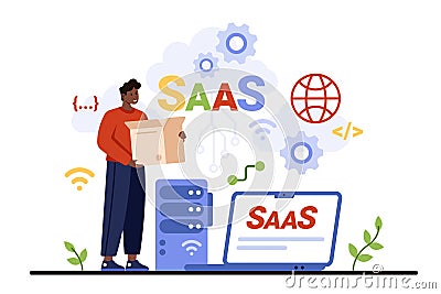 SaaS, software as service, tiny man with digital app box, online subscription platform Cartoon Illustration