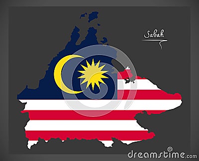 Sabah Malaysia map with Malaysian national flag illustration Vector Illustration