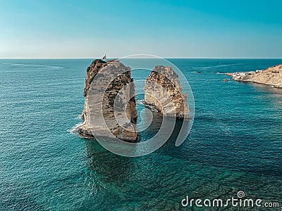 Sabah Nassar`s Rock at Raouche in Beirut, Lebanon. known as the Pigeons` Rock. Beautiful nature and sea. Lebanon attractions Stock Photo