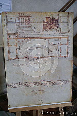 Sabbioneta, Mantua Italy - March 11 2010: blueprint of Teatro all`Antica Editorial Stock Photo