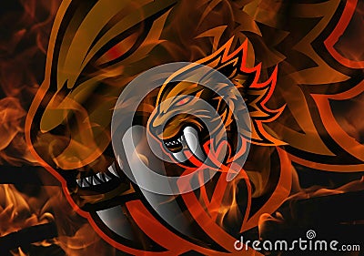 Sabertooth Mascot Logo Icon Illustration , Fire Background , Animal Print , Red Flame, Wallpaper Stock Photo