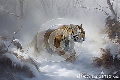 A sabertoothed tiger prowled through an icy landscape its breath forming a plume of steam in the chill air.. AI Stock Photo