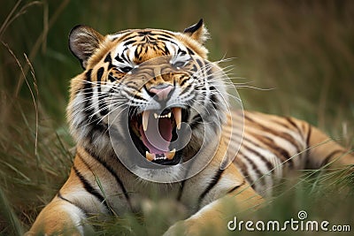 A sabertoothed tiger rolled in the grass its mouth open in a ferocious roar that challenged anyone who dared approach Stock Photo