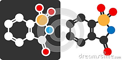 Saccharin artificial sweetener molecule, flat icon style. Atoms shown as color-coded circles (oxygen - red, nitrogen - blue, Vector Illustration