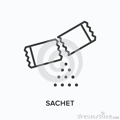 Sachet flat line icon. Vector outline illustration of torn plastic wrapper with sugar powder. Soluble drug thin linear Vector Illustration