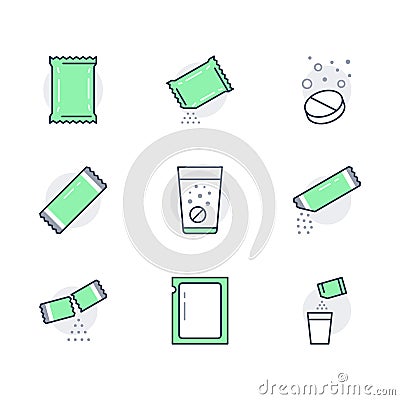 Sachet line icons. Vector illustration included icon as sugar powder packet, soluble pill, effervescent effect outline Vector Illustration