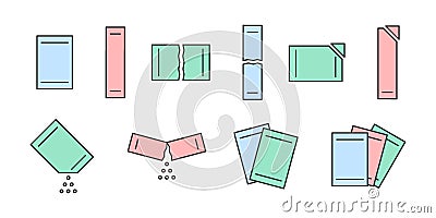 Sachet packet soluble powder line icon set. Open paper pack stick with powder. Soluble bag medication or food sugar Vector Illustration